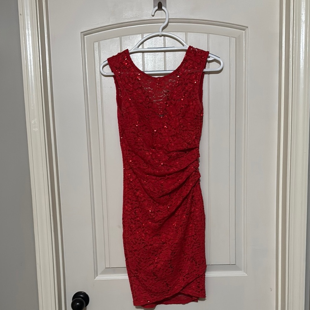 Lipsy Red Ruched Sheath V-Neck Mini Dress